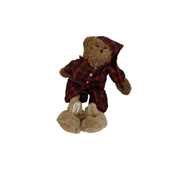 Bear in Red Plaid Nightshirt and Hat Bunny Slippers 15.5" Fuzzy soft fabric body - Picture 6 of 9